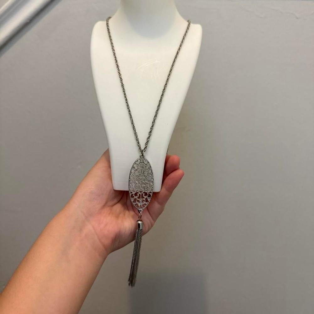 Silver Tone Filigree Tassel Necklace Long Pendant Boho Statement Jewelry